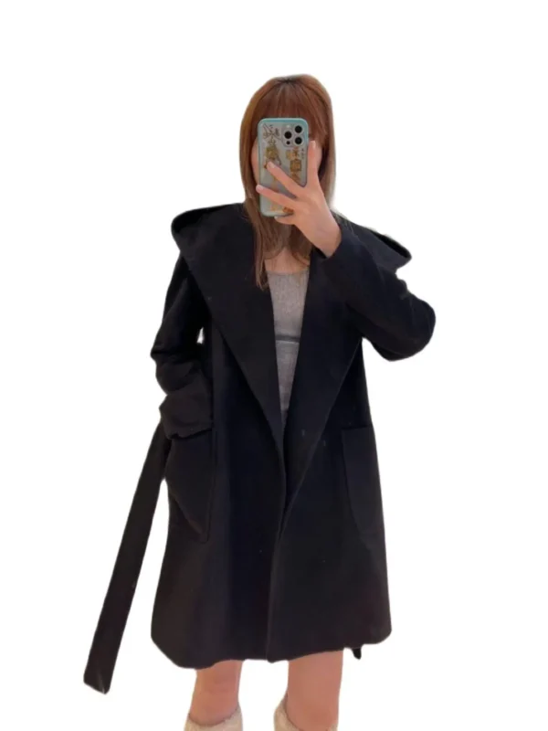 Autumn Camel hair Coat Women Medium Long Hooded Black Coat Female Water Ripple Loose Casual Fashion 100% Camel hair Classic MAX：圖片 10