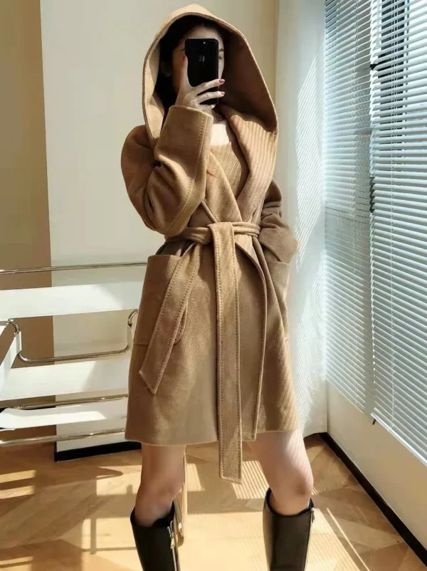Autumn Camel hair Coat Women Medium Long Hooded Black Coat Female Water Ripple Loose Casual Fashion 100% Camel hair Classic MAX：圖片 6