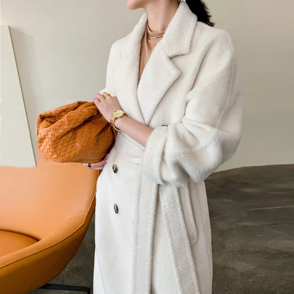High-end 100% Alpaca Coat Women Camel Mid-Length Wool Jacket Female Winter Thick White Lace-Up Warm Double Breasted Suit Collar：圖片 14