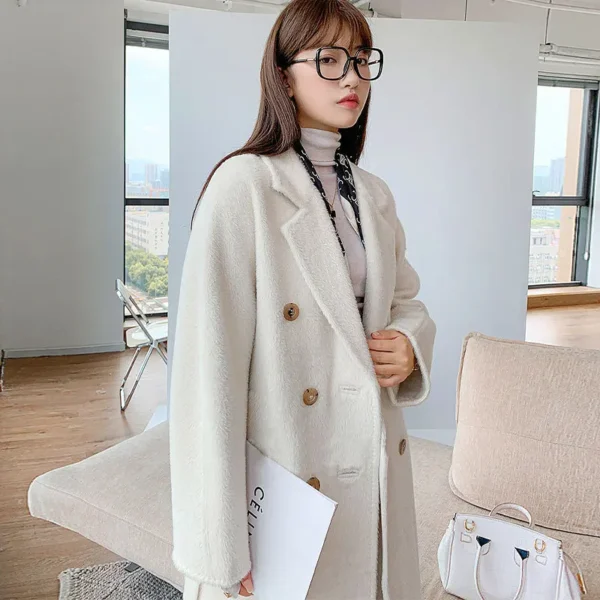 High-end 100% Alpaca Coat Women Camel Mid-Length Wool Jacket Female Winter Thick White Lace-Up Warm Double Breasted Suit Collar：圖片 16