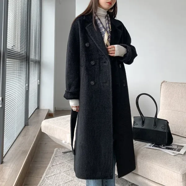 High-end 100% Alpaca Coat Women Camel Mid-Length Wool Jacket Female Winter Thick White Lace-Up Warm Double Breasted Suit Collar：圖片 8