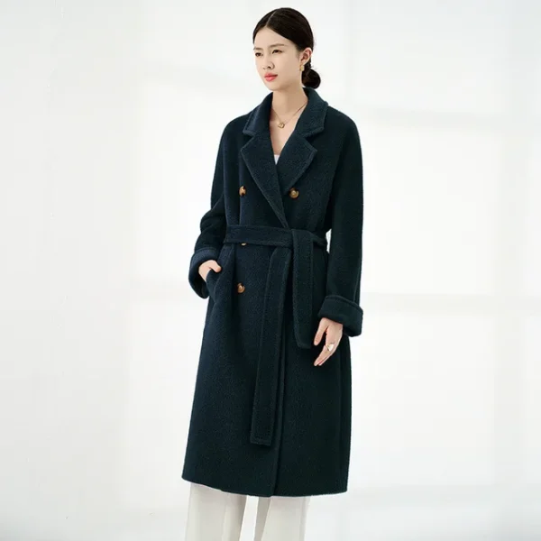 High-end 100% Alpaca Coat Women Camel Mid-Length Wool Jacket Female Winter Thick White Lace-Up Warm Double Breasted Suit Collar：圖片 2