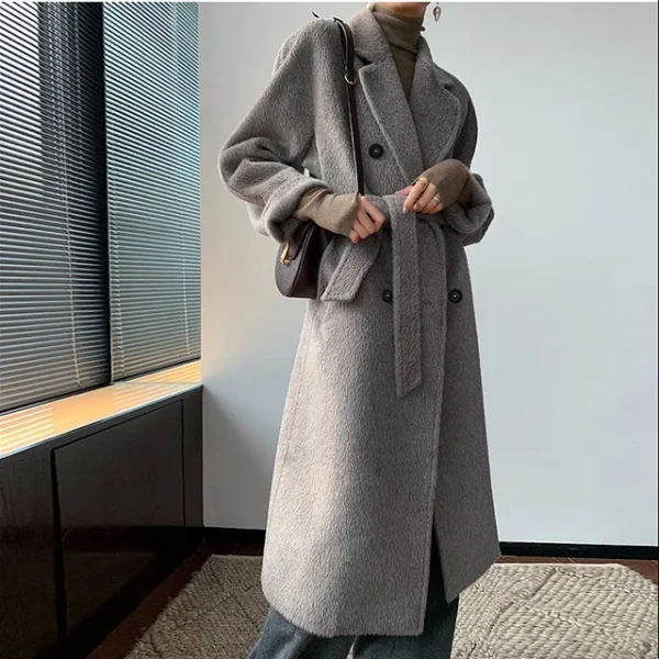 High-end 100% Alpaca Coat Women Camel Mid-Length Wool Jacket Female Winter Thick White Lace-Up Warm Double Breasted Suit Collar：圖片 8