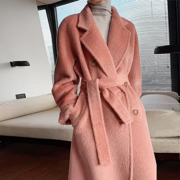 High-end 100% Alpaca Coat Women Camel Mid-Length Wool Jacket Female Winter Thick White Lace-Up Warm Double Breasted Suit Collar：圖片 6