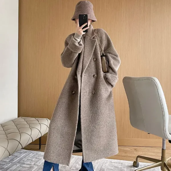 High-end 100% Alpaca Coat Women Camel Mid-Length Wool Jacket Female Winter Thick White Lace-Up Warm Double Breasted Suit Collar：圖片 5